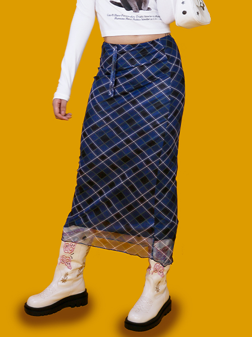 zz blue check long skirt