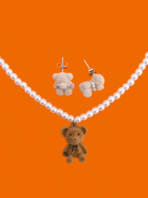 teddy bear necklace / earring (3color)